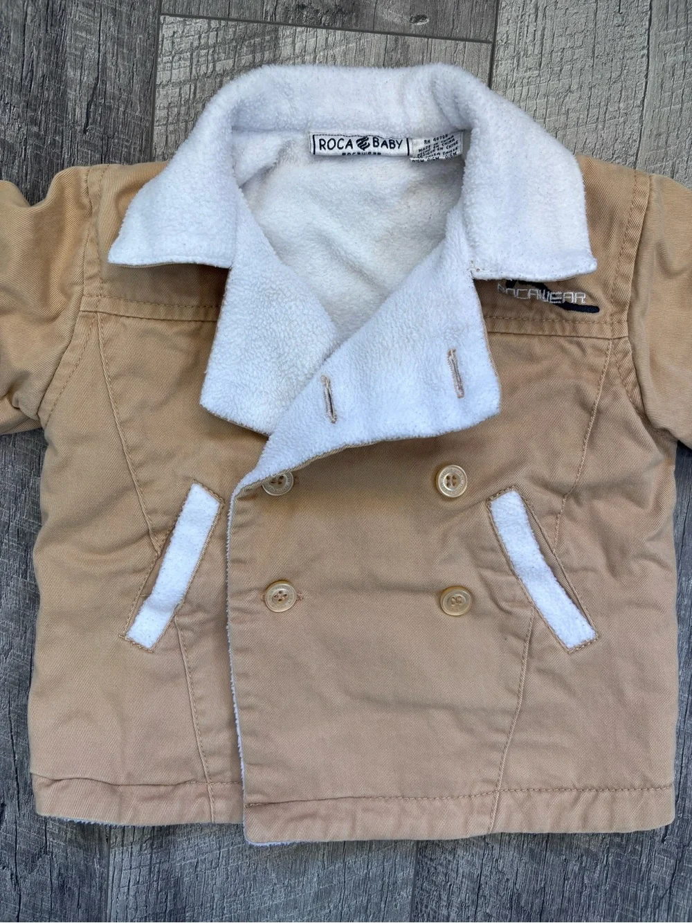 VTG Rocawear Roca Baby Jacket Coat Tan Sherpa Fleece Lined Double Breasted 0-6M